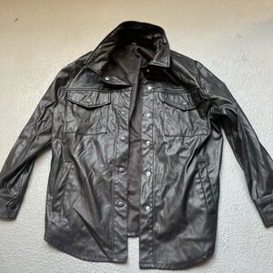 Faux Leather Shirt Jacket Button Down Shacket‎ Black S